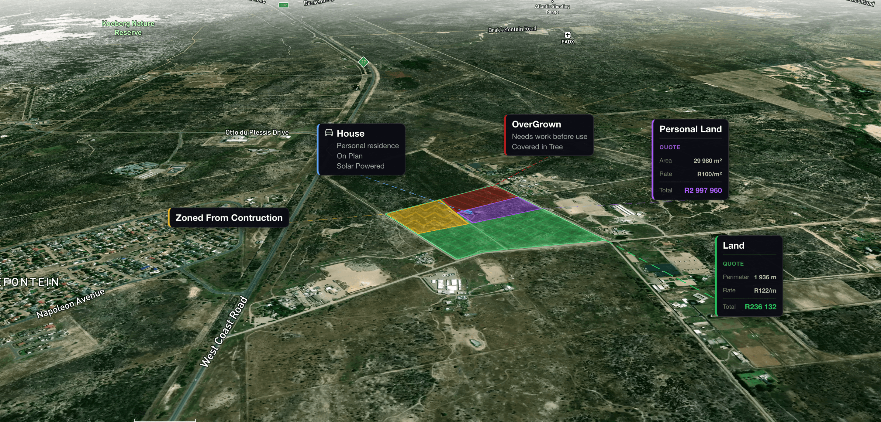 3D perspective view of land plan with quote callouts